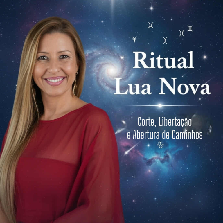 Imagem mística em tons profundos, com elementos espirituais, representando o Ritual da Lua Nova de Corte, Libertação e Abertura de Caminhos.