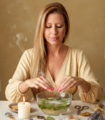 Imagem espiritual de Margarida Fernandes em ritual de limpeza e ativação de abundância, ideal para páginas de serviços esotéricos premium.